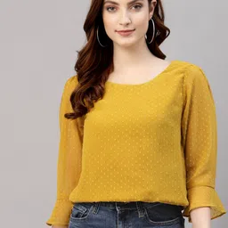 NEUDIS Mustard Yellow Chiffon Self Design Bell Sleeve Regular Top-picture-6