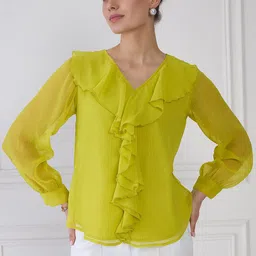 Antheaa Elit Ruffles Cuffed Sleeves Chiffon Top-33