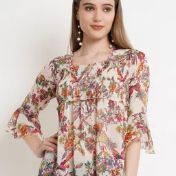 Popwings Floral Printed Square Neck Bell Sleeves Smocking Chiffon Peplum Top-image-92