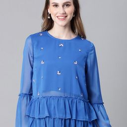 Oxolloxo Floral Embroidered Bell Sleeve Chiffon Top-image-64