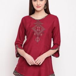 Kvsfab Woman Maroon Geometric Embroidered Kurti-image-65