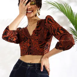 KASSUALLY Brown Abstract Printed V-Neck Puff Sleeve Satin Crop Top-image-10
