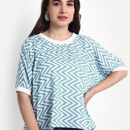 Rediscover Fashion Blue & White Zig Zag Print Free Size Rib Top-image-10