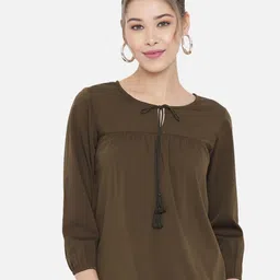 Slenor Green Tie-Up Neck Crepe Top-picture-35