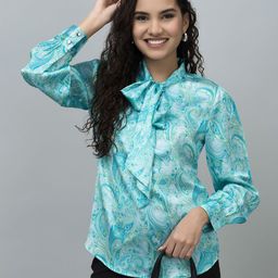 PURYS Printed Tie-Up Neck Satin Shirt Style Top-image-36