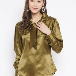 Bitterlime Olive Green Tie-Up Neck Satin Top-picture-1