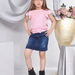 Peppermint Girls Self Design Shimmer Round Neck Flutter Sleeves Top-image-72