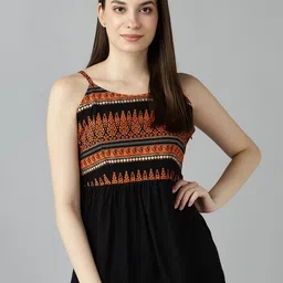 ZNX Clothing Black and Orange Tribal Print Sleeveless Pure Cotton A-Line Top-image-38