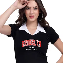 TABADTOD Shirt Collar Typography Printed Rib Crop Top-image-59