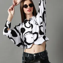 SHOWOFF White & Black Print Crepe Shirt Style Crop Top-image-34