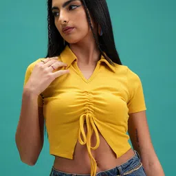 Tokyo Talkies Mustard Yellow Ribbed Shirt Collar Ruched Crop Top-image-75