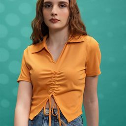 Tokyo Talkies Yellow Shirt Collar Crop Top-image-85