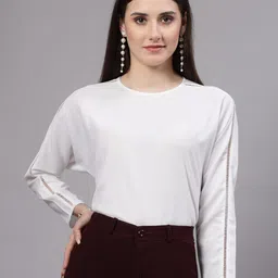Style Quotient Round Neck Extended Sleeves Lace Inserts Top-image-24