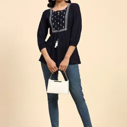 RACHNA Geometric Embellished Tie-Up Neck Three-Quarter Sleeves Casual Top-image-26