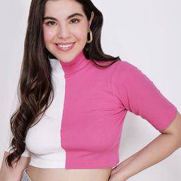 CHARMGAL Colourblocked High Neck Crop Fitted Top-picture-14