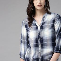 The Roadster Lifestyle Co Women Blue & White Checked Blouson Top-image-33