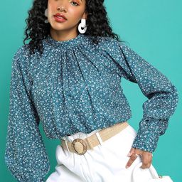 Tokyo Talkies Teal Blue Floral Printed Gathered or Pleated Blouson Crop Top-28