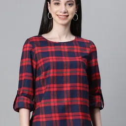 Oxolloxo Checked Round Neck Long Sleeves Organic Cotton Regular Top-2