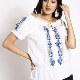 250 DESIGNS Floral Embroidered Tie-Up Neck Cotton Top-image-86