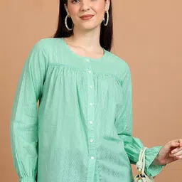 Vishudh Geometric Self Design Gathered Or Pleated Cotton Shirt Style Top-image-35