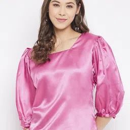 Bitterlime Women Pink Solid Square Neck Satin Blouson Top-image-45
