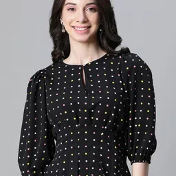 Oxolloxo Black & Black Polka Dot Print Keyhole Neck Blouson Top-picture-28