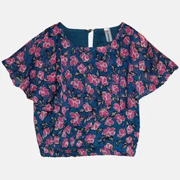KiddoPanti Girls Floral Print Flutter Sleeve Georgette Blouson Top-picture-14