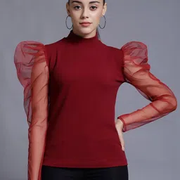 Roopwati Fashion Women Maroon High Neck Puff Sleeves Crepe Top-54