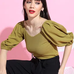 Tokyo Talkies Olive Green Crepe Knitted Top-image-56