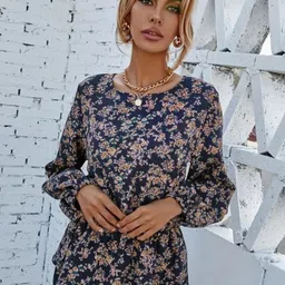 Kotty Blue Floral Printed Satin Cinched Waist Top-image-5