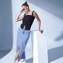 STREET 9 Black Shoulder Straps Denim Top-image-18