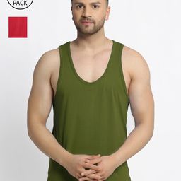 Friskers Men Pack Of 2 Maroon & Olive Green Solid Pure Cotton Drop Cut Gym Vests-image-16