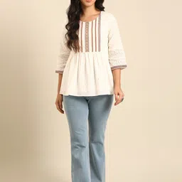 IMARA Striped Cotton Round Neck Three-Quarter Sleeves Longline A-Line Casual Top-picture-56
