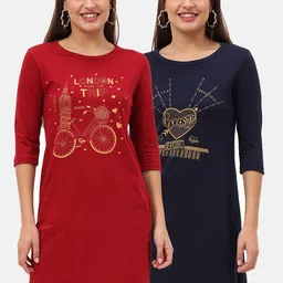 Fleximaa Pack of 2 Maroon & Navy Blue Printed Longline Tops-image-97
