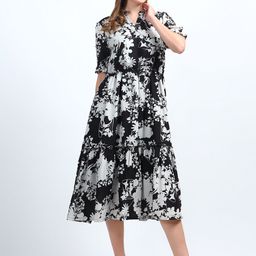 NKSA FASHION Floral Print Mandarin Collar Cuffed Sleeves Fit & Flare Midi Dress-picture-10