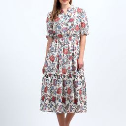 NKSA FASHION Floral Printed Mandarin Collar Puff Sleeves Fit and Flare Maxi Dress-image-77