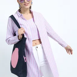 Tokyo Talkies Mauve & Blue Striped Shirt Style Longline Top with Camisole-image-44
