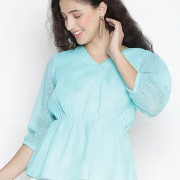 DRAAX Fashions Geometric Self Design V-Neck Puff Sleeves Cinched Waist Top-image-97