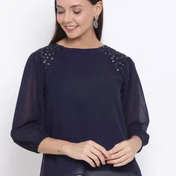 DRAAX Fashions Sequinned Embellished Puff Sleeves A-Line Top-image-32