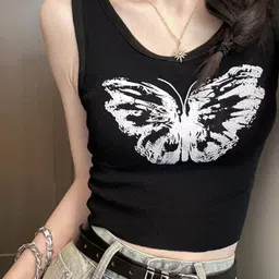 StyleCast Girls Black Graphic Printed Round Neck Regular Crop Top-image-49