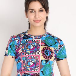 CHKOKKO Blue & Green Tribal Print Crop Top-image-70