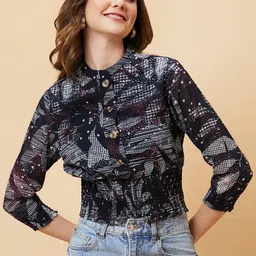 Globus Abstract Printed Mandarin Collar Smocked Crop Top-picture-22