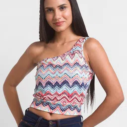 Globus Peach-Coloured & Blue Tribal Print One Shoulder Tank Crop Top-picture-44