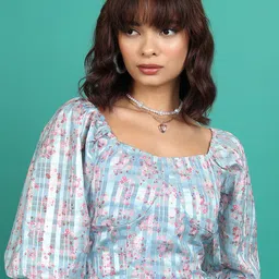 Tokyo Talkies Blue Floral Printed Square Neck Puffed Sleeves Empire Crop Top-image-88