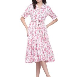 NKSA FASHION Floral Print Mandarin Collar Cuffed Sleeves Fit & Flare Midi Dress-image-6