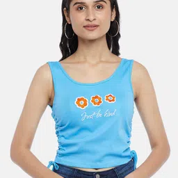 People Blue Floral Embroidered Pure Cotton Crop Top-picture-4