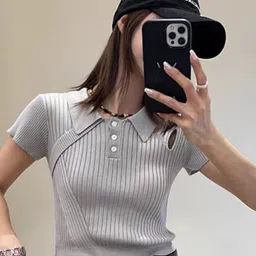StyleCast Grey Ribbed Shirt Collar Fitted Crop Top-image-77
