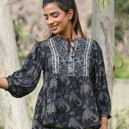 Nyaro Mandarin Collar Puff Sleeves Floral Print Top-picture-18