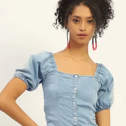 Madame Cotton Square Neck Puff Sleeve Crop Top-picture-24