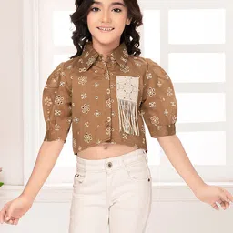 Tiny Kingdom Girls Floral Embroidered Puff Sleeves Applique Cotton Shirt Style Crop Top-image-66